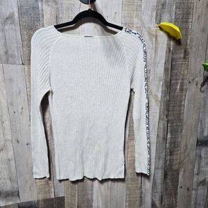 Armani Jeans Beige Ribbed Knit Logo Square Neck Sweater Linen Blend